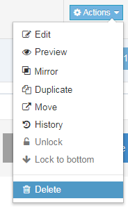 Screenshot of how to delete a content item from the Actions button
