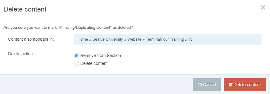 Screenshot of how to delete a mirrored content item - either remove it from the section or completely delete the content item from all sections