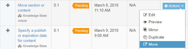 Screenshot of how to move a content item using Actions, Move