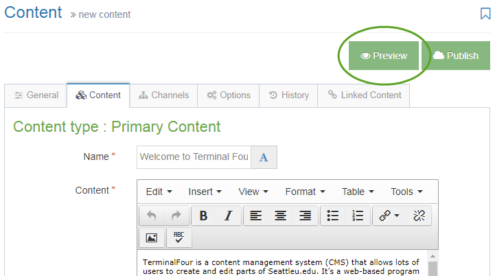 Screenshot of how to preview a content item when you're editing a content item