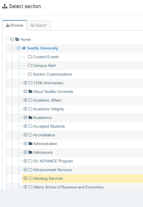 Screenshot of how to find and select a section for a section link