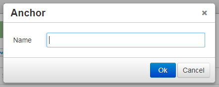 Screenshot of the pop-up box where you name an anchor in order to insert a named anchor into the text editor