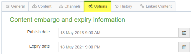 Screen shot of how to set a publish and expiration date for a specific content item under the Options tab