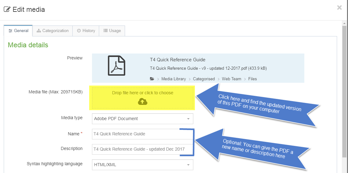 Screenshot of how to update a PDF in the Media Library by editing the old PDF