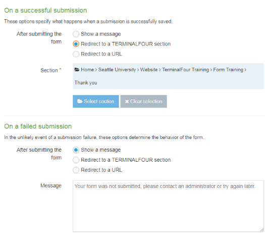 Screen shot of the new Form Builder Submission Options available in 8.2.1 upgrade