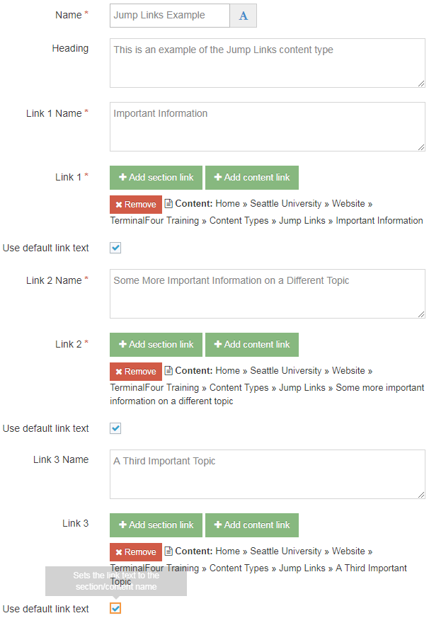 Screen shot of how to use the Jump Links content type