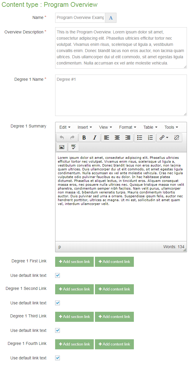 Screen shot of an example v9 Program Overview content type