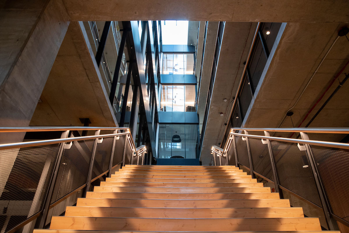 A view of the staircase looking up from the bottom