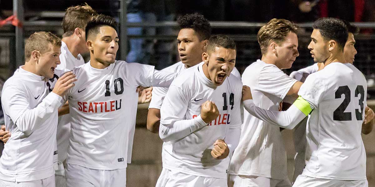 Seattle University Men's Soccer Team celebrating a victory over UMKC on 10-14-17 at Championship Field.