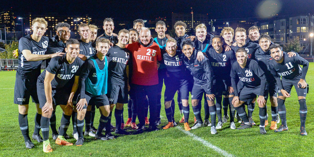 Seattle U Men's Soccer Team with Head Coach Pete Fewing