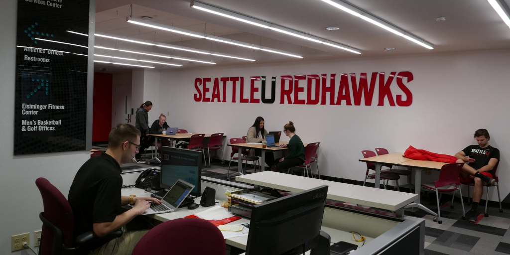 students studying inside the Student Athlete Services Center