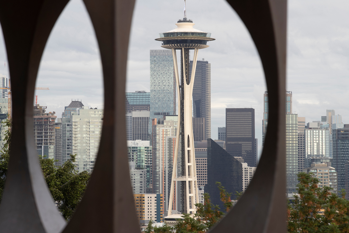 Sculpture with Space Needle in the background, photographed at Seattle's Kerry Park.