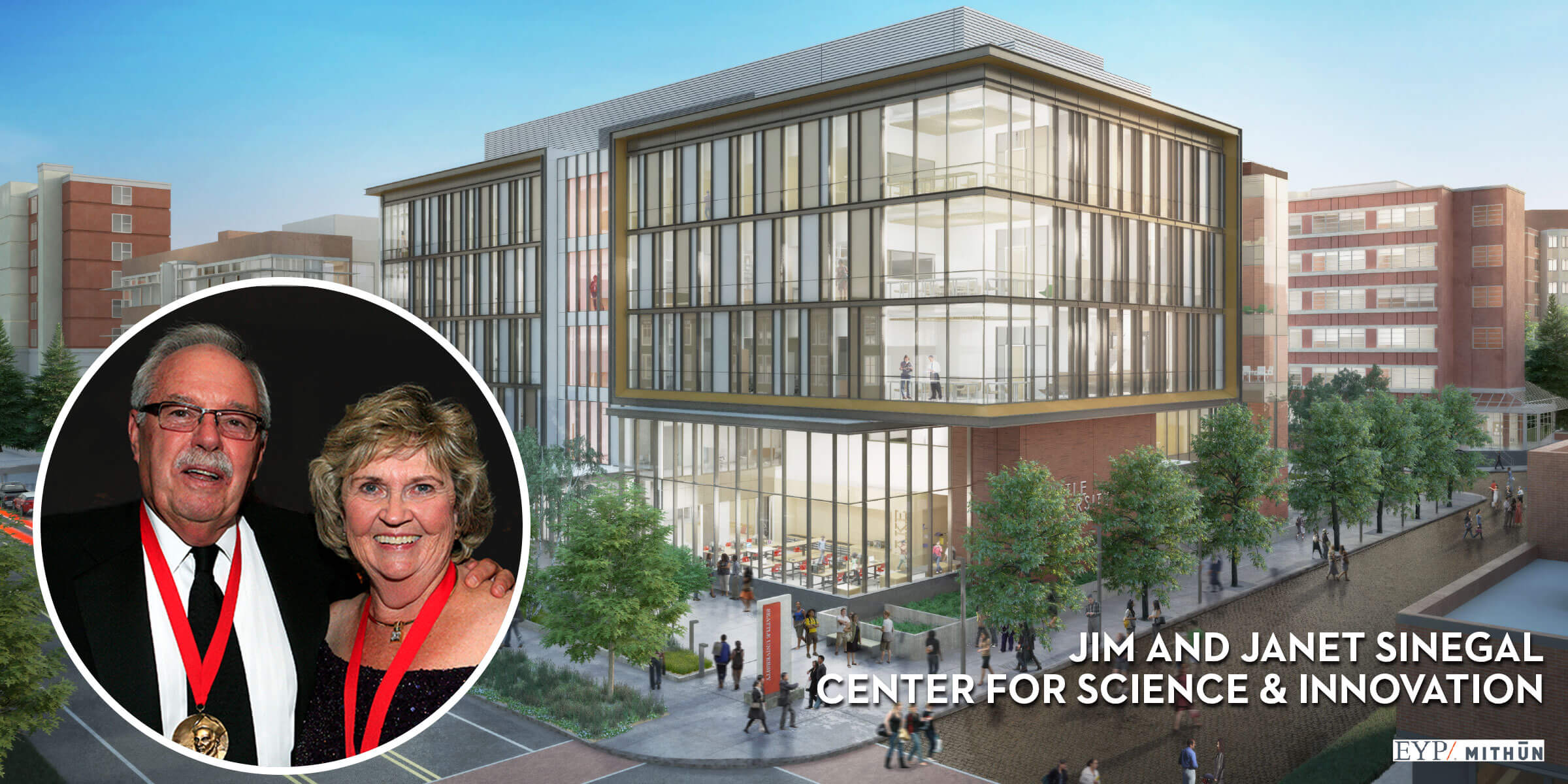 An architectural rendering of campus featuring the completed building with inset photo of Jim and Janet Sinegal.