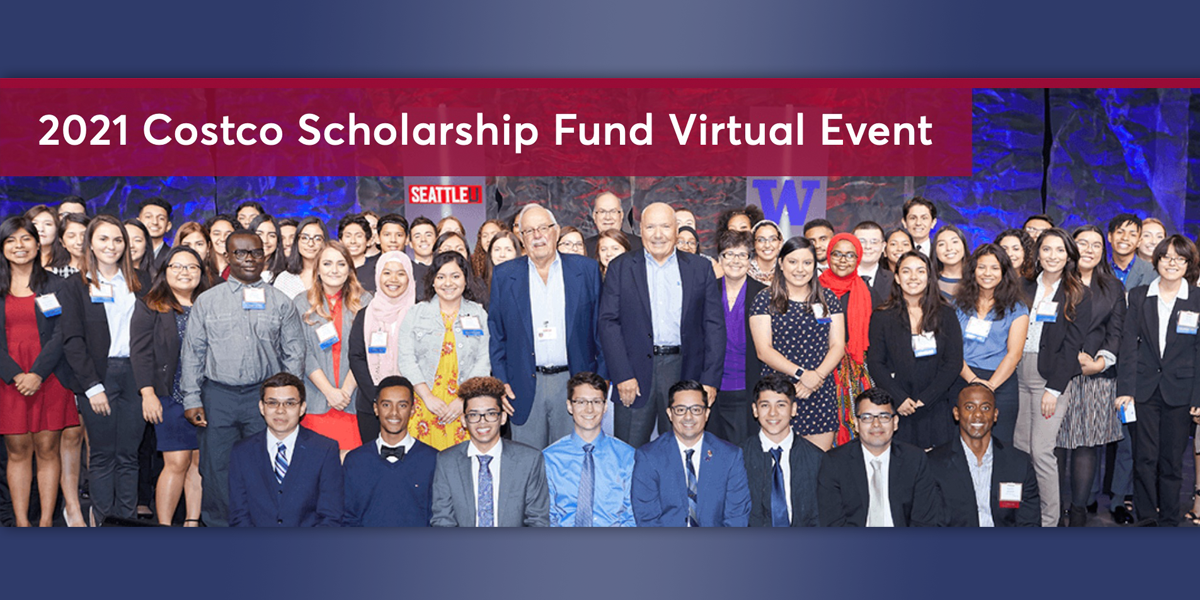 Costco scholars posing with Jim Sinegal, Co-Founder, Costco Wholesale and Retired Member, Board of Trustees, Seattle University; Craig Jelinek, President and CEO, Costco Wholesale; and Ana Mari Cauce, University of Washington President.