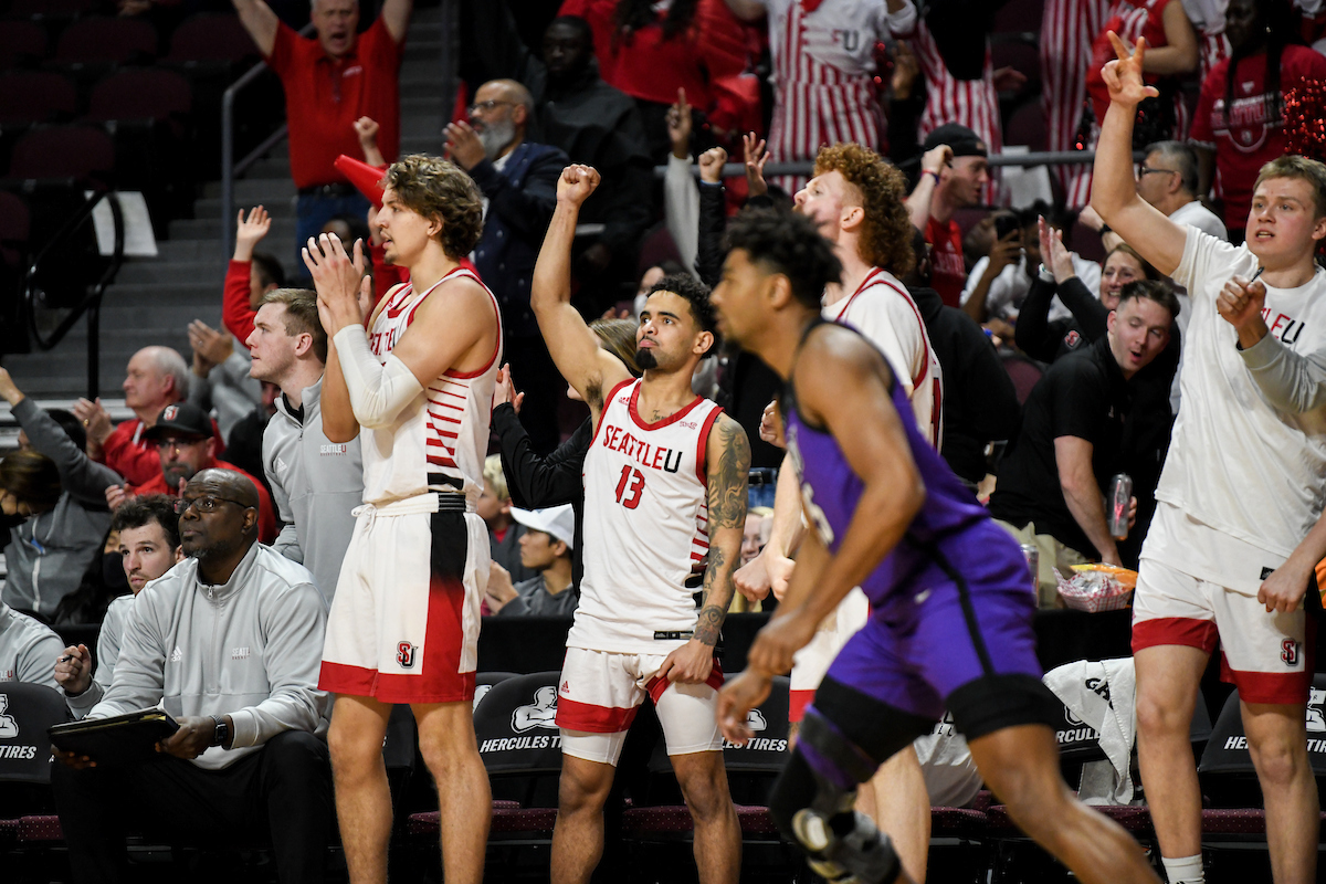 Team jump off bench during WAC tournament semifinal game March 11.