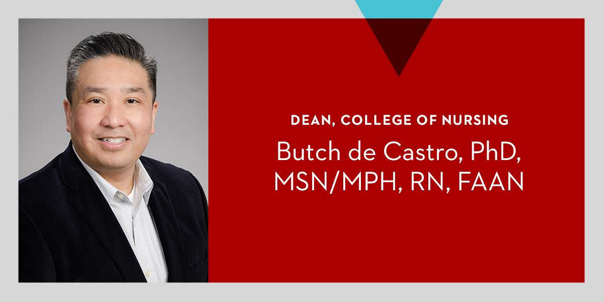 Graphic featuring de Castro, new dean of CON.