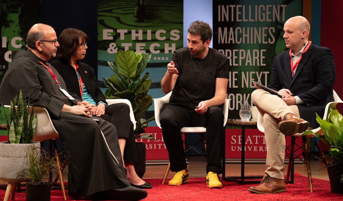 A group shot of the presenters at the Ethics and Tech conference.