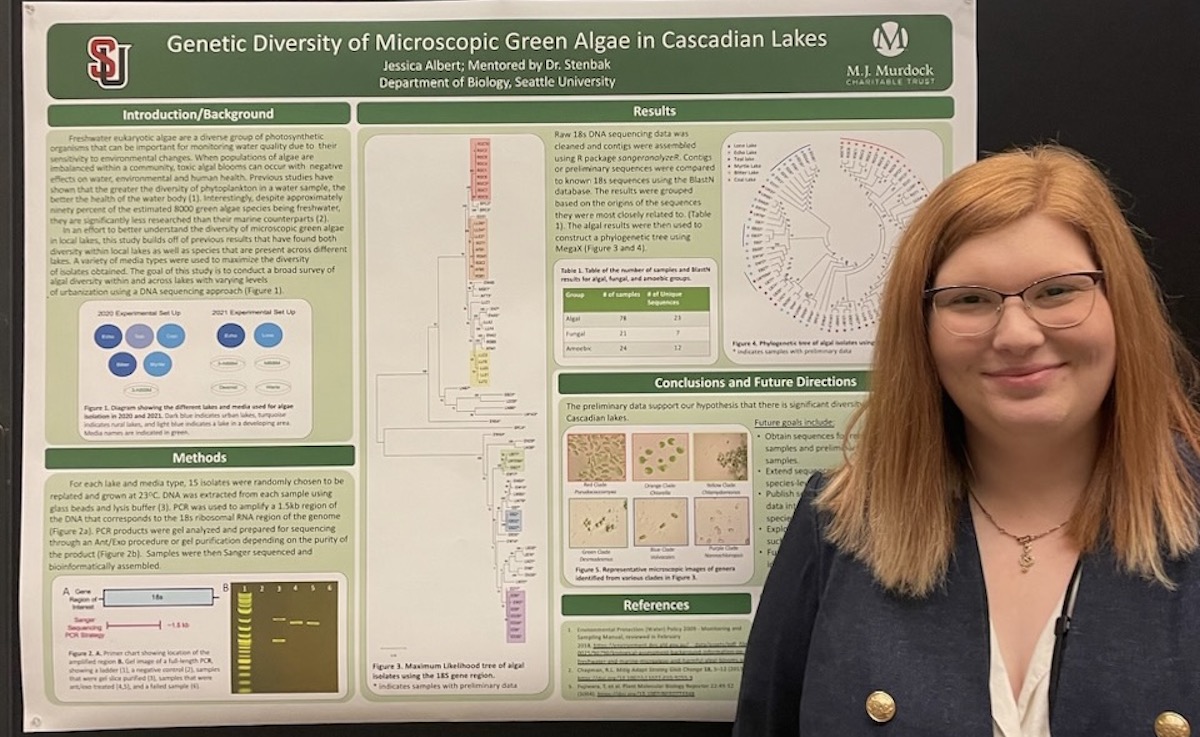 2023 graduate Jessica Albert pictured in front of a science paper.