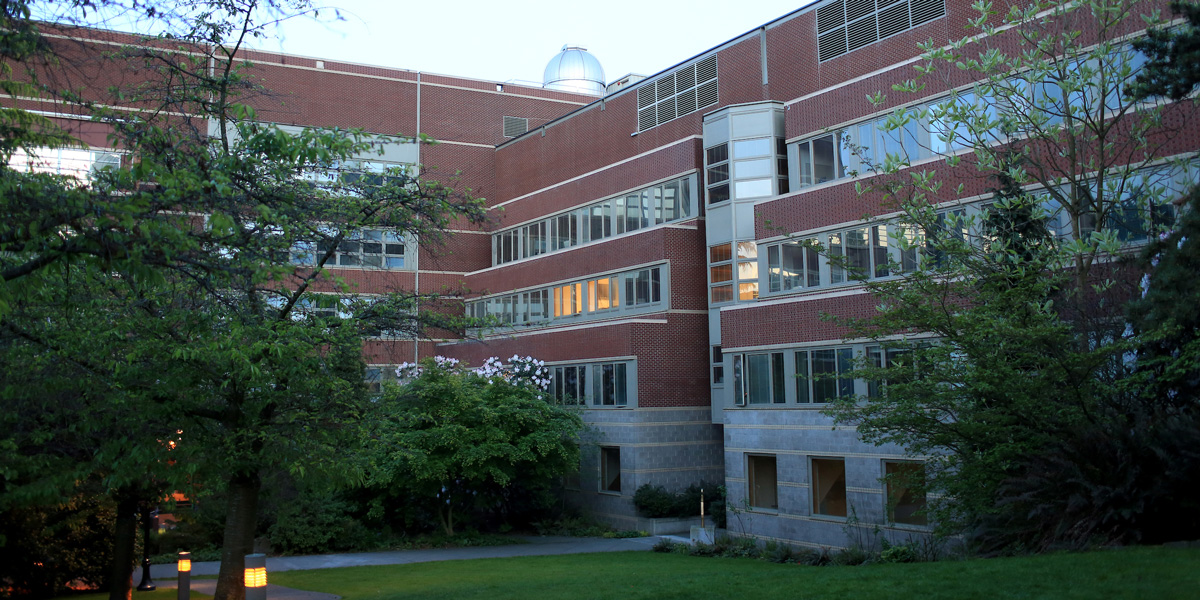 Outside of Bannan and Engineering Building on a Spring evening