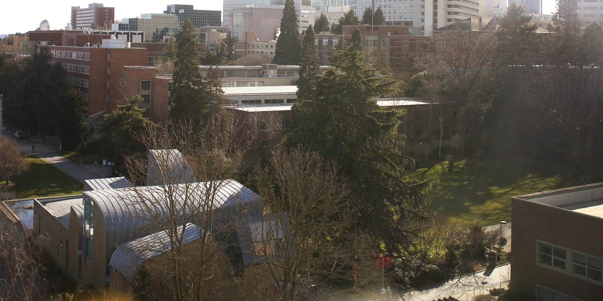 Ariel view of campus on a sunny winter day