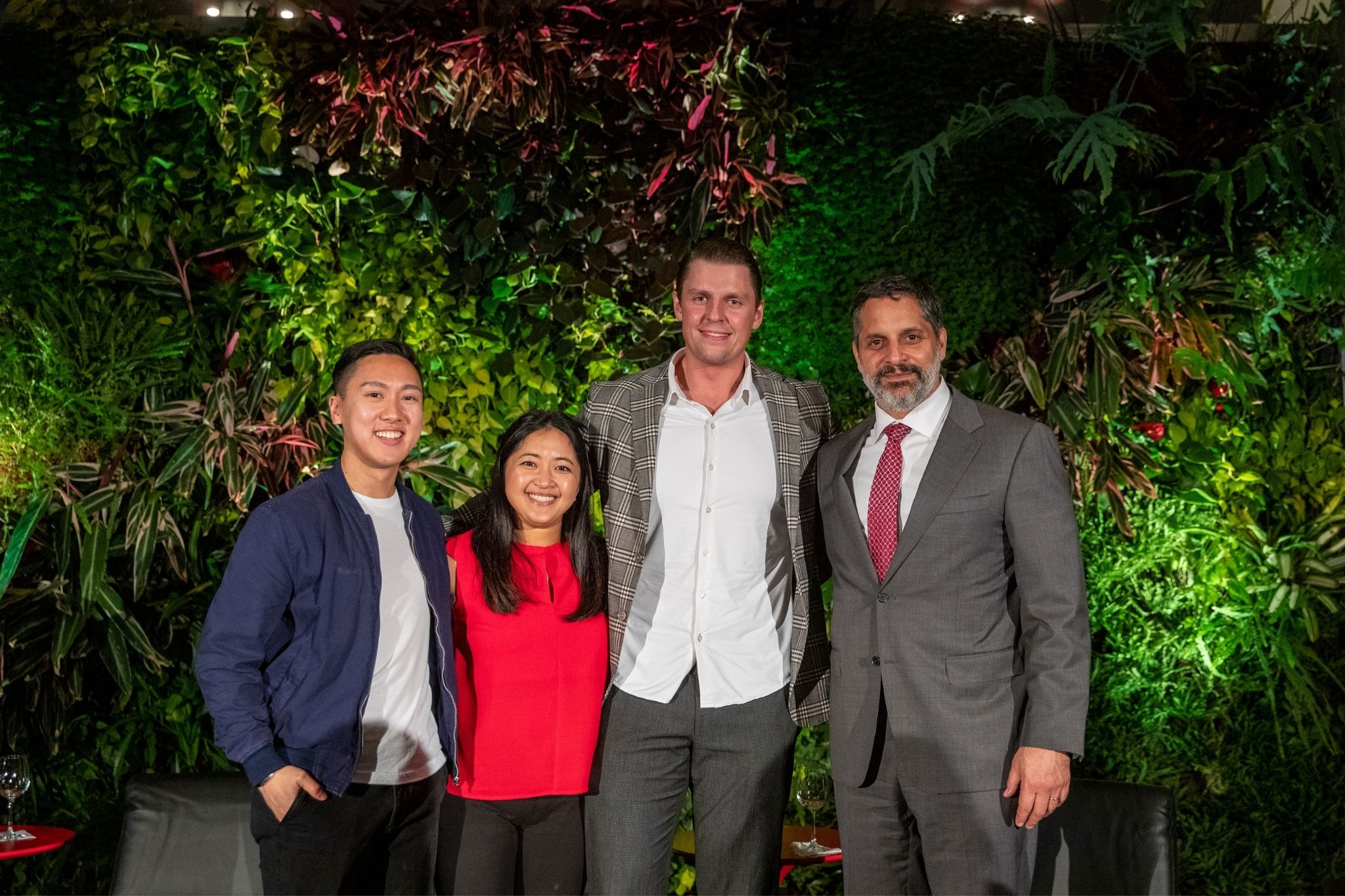 Brian Le, ’19, Raelene Judnich, ’16, Justin Totura, ’17, and President Peñalver