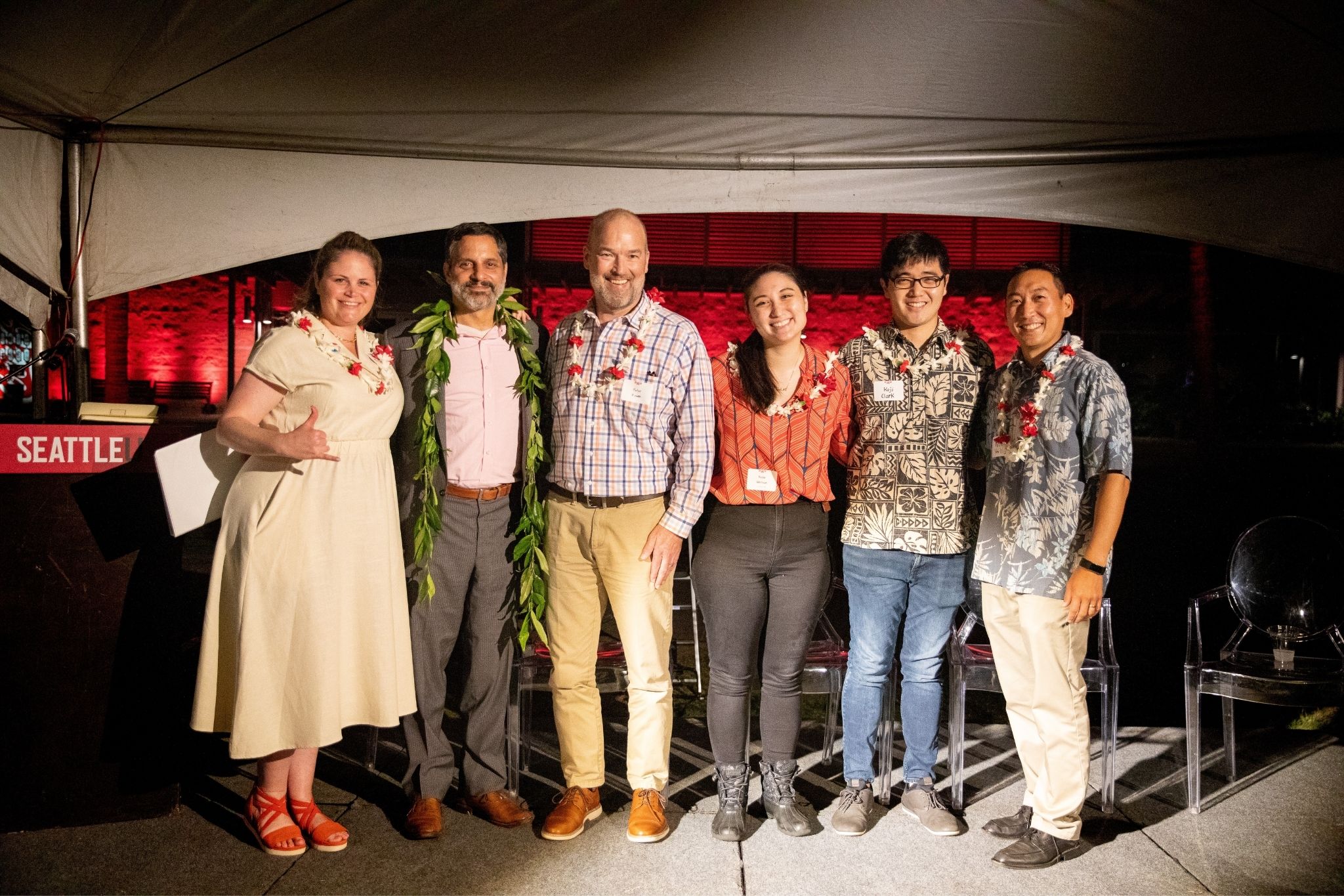 Ellen Whitlock Baker, President Peñalver, Professor Peter Rowan, Nicole Harrison, ’20, Koji Clark, ’17, and Paul Shibuya, ‘02