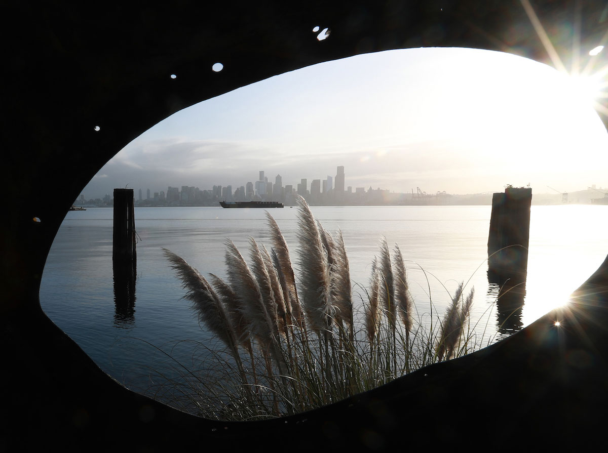 The Seattle city skyline during sunrise from West Seattle.